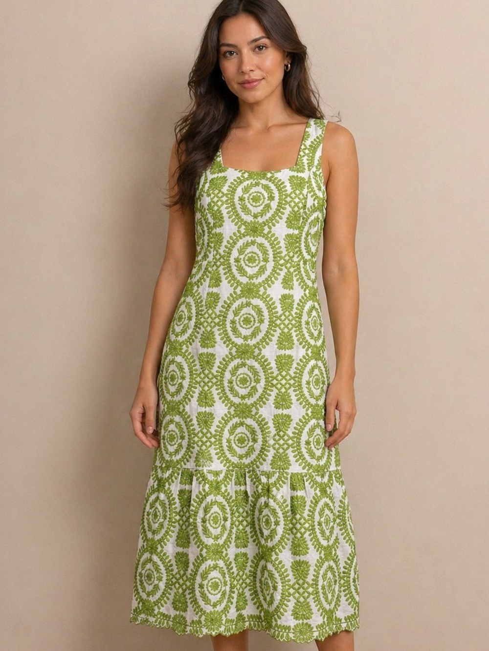 Adelyn Rae Green and White Patterned Square-Neck Midi Dress